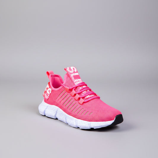Pink running shoes on a wooden floor