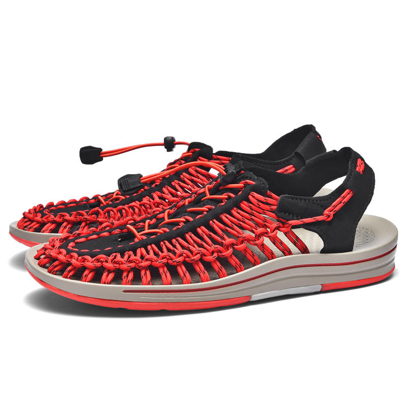 Red and black sandals with a white sole on a white background