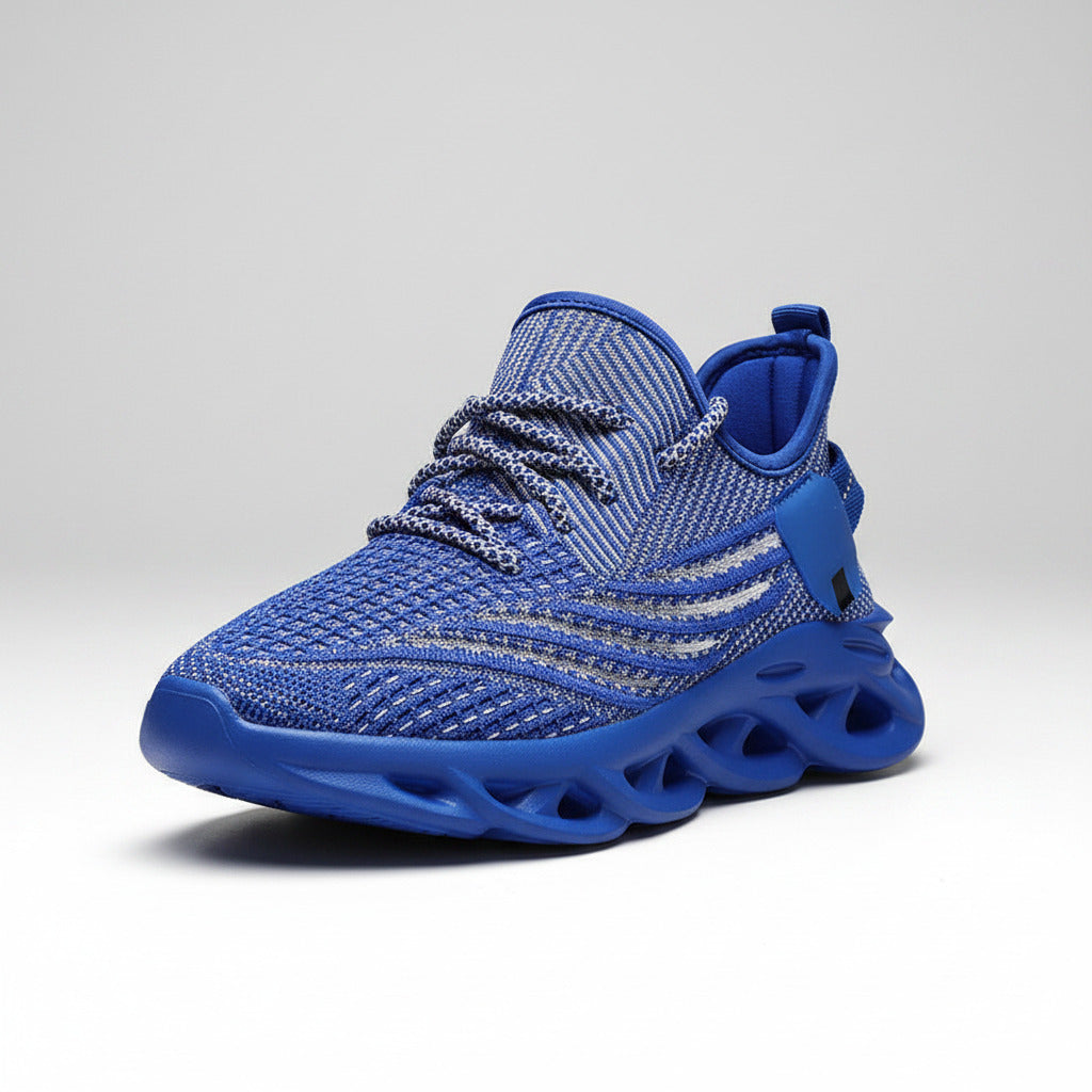 Blue athletic shoe with a unique sole design on a white background