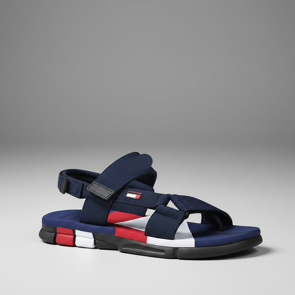 Navy blue sandals with red and white accents worn by a person, held by another hand.