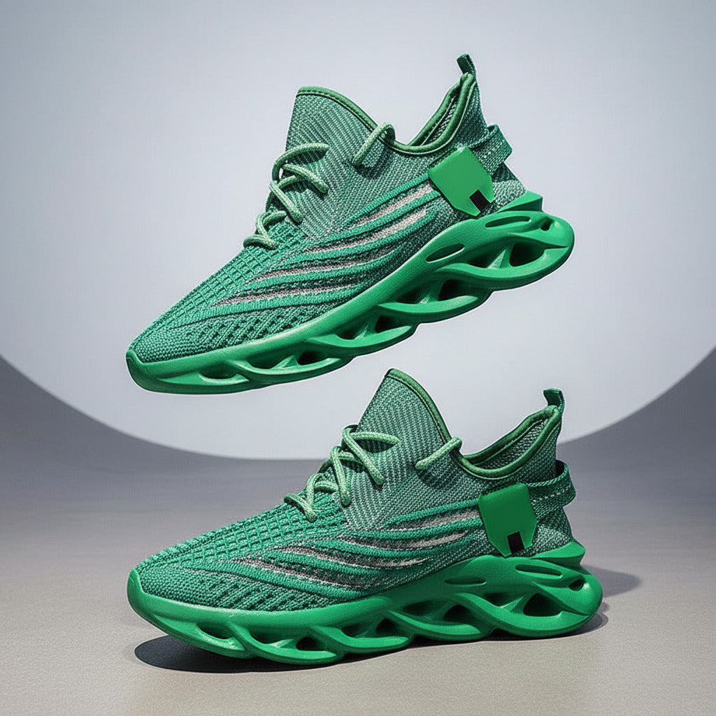 Green sneakers held by a person against a blue background