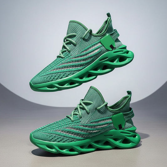 Green sneakers held by a person against a blue background