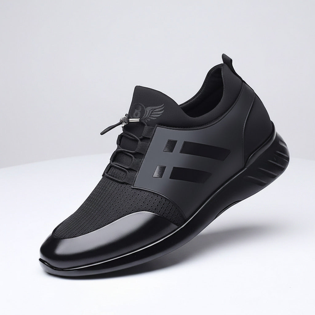 Black sneaker with a prominent brand logo on a white background
