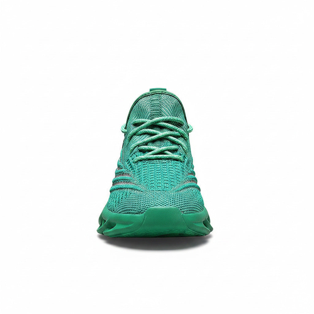 Green sneaker with unique sole design on a white background