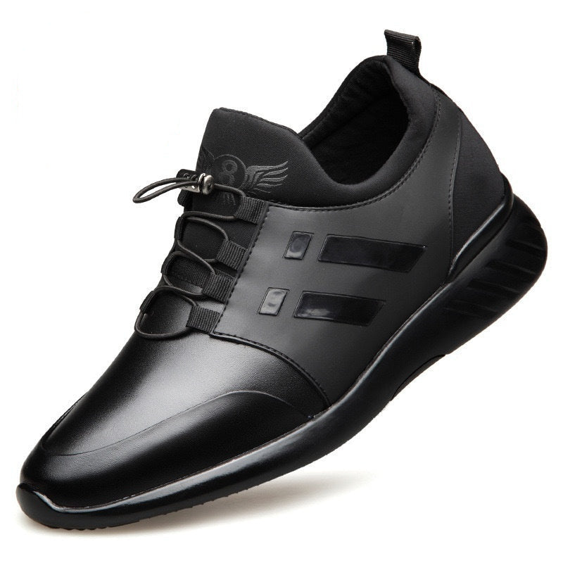 Black shoe with a 8CM internal height increase label on a white background