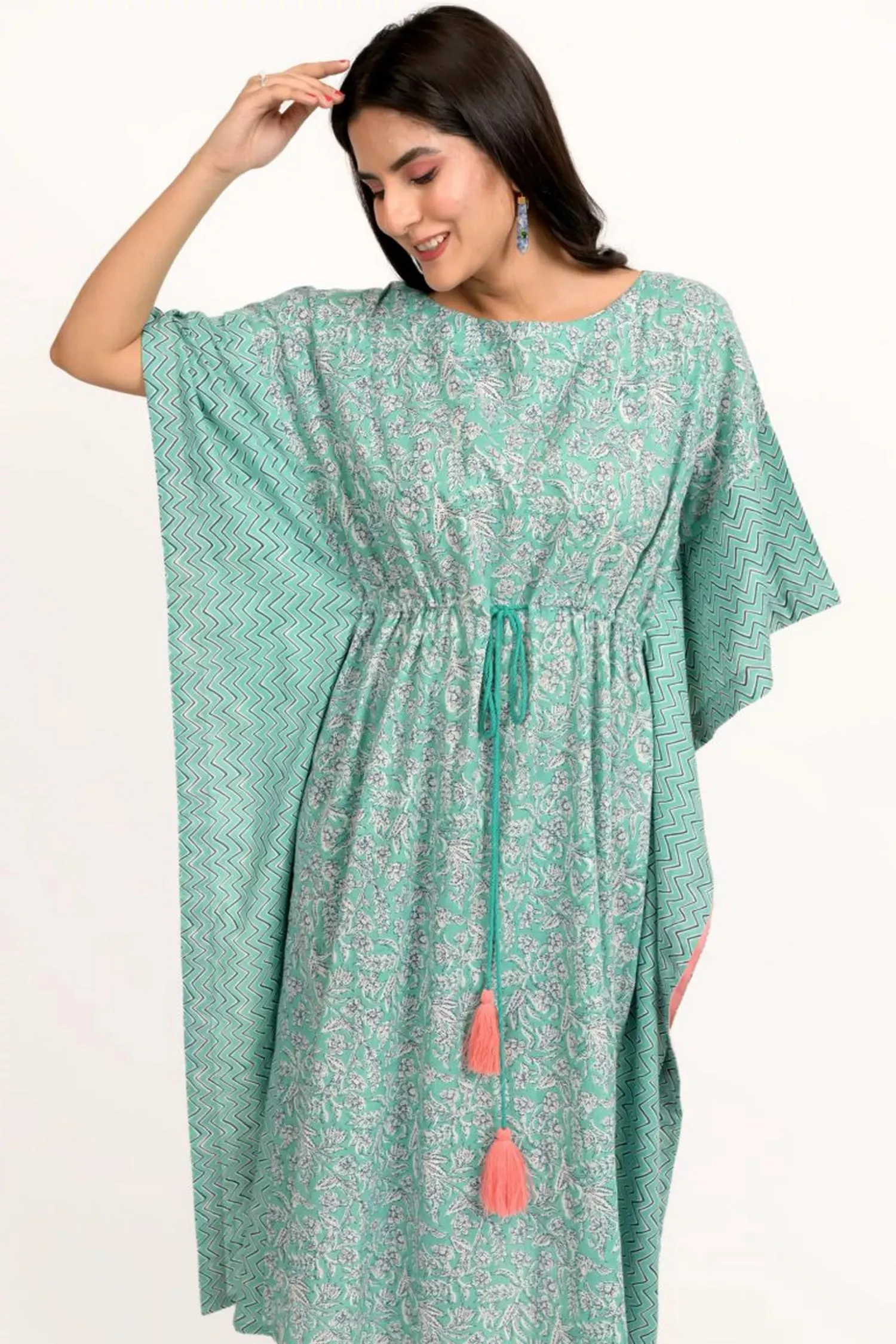 Sea Green And White Floral Print Kaftan