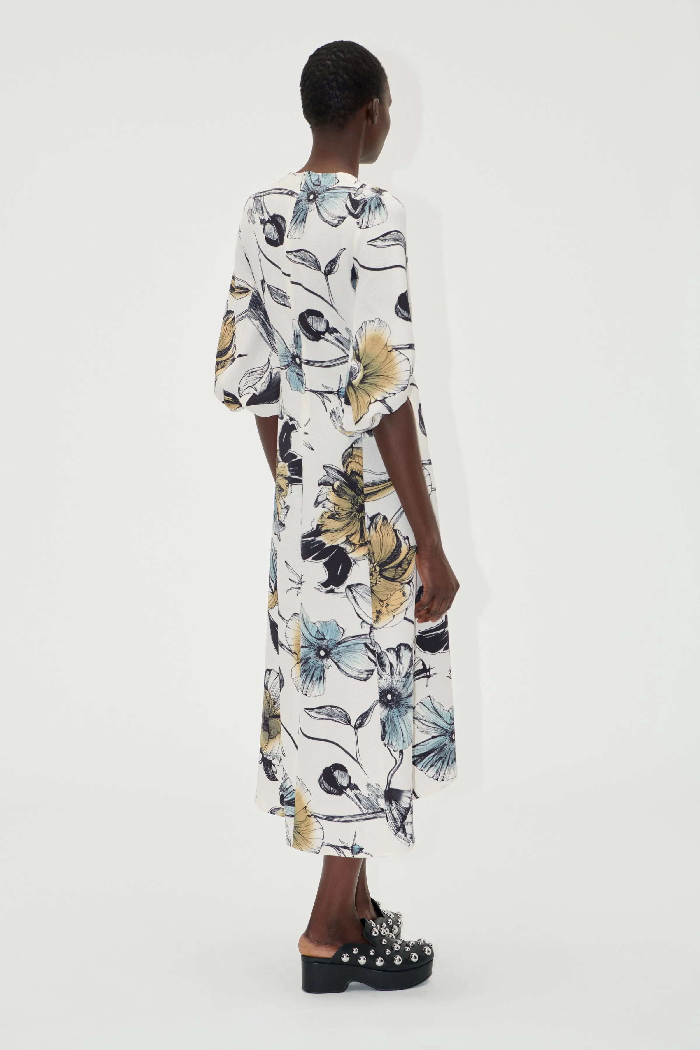 Three-Quarter Sleeve Midi Dress - Fine Line Poppies