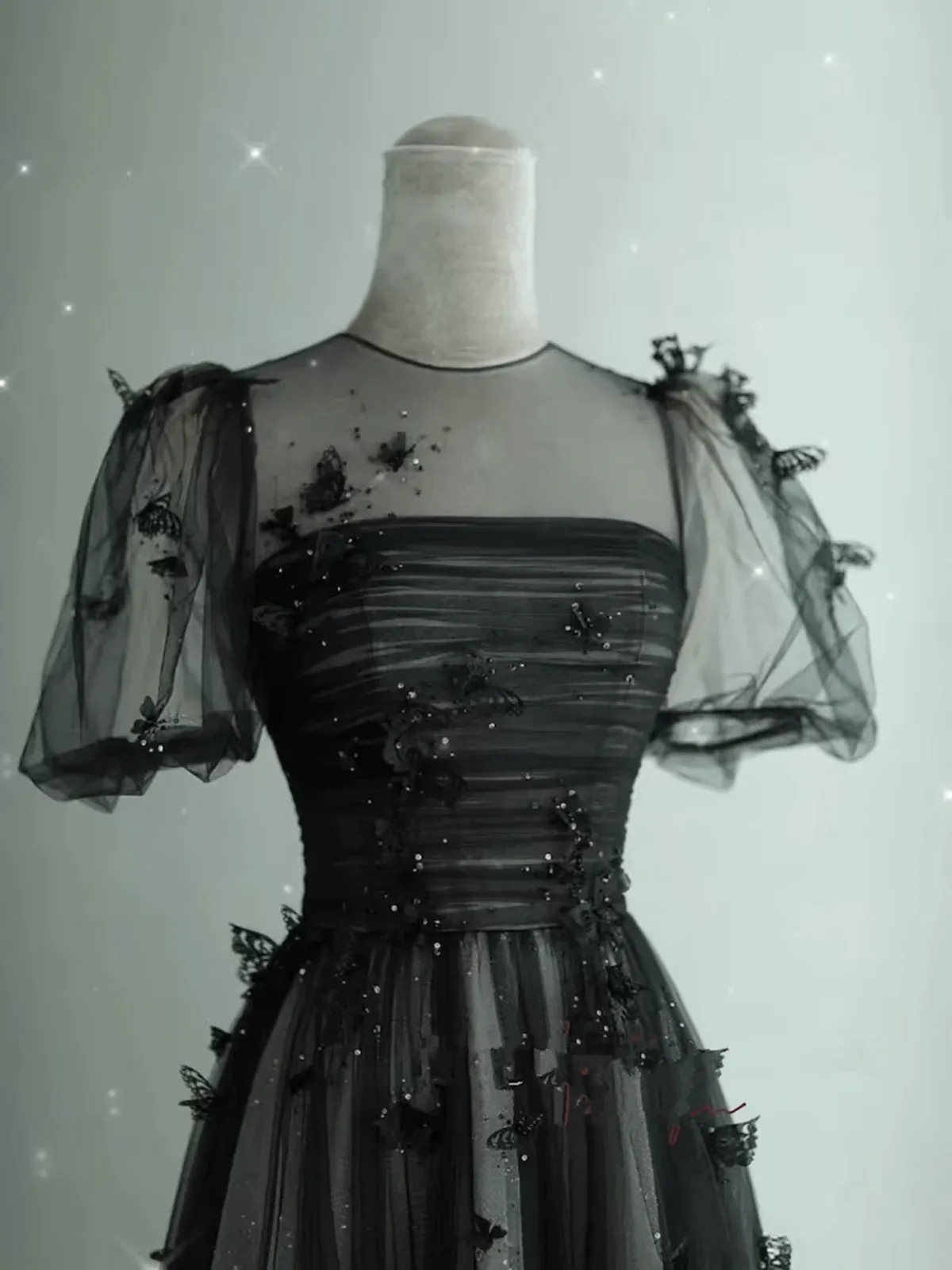 Uniwim Black Round Neckline Tulle A-line Party Dress, Black Tulle Evning Dress Prom Dress